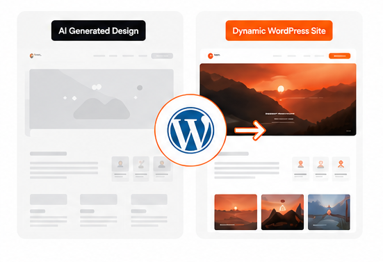 "AI-generated design converted into a dynamic WordPress website – before and after conversion