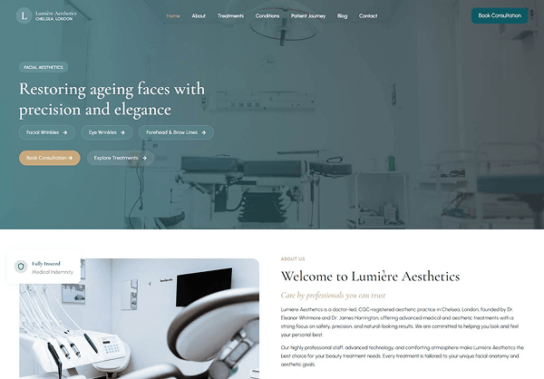 Lumiere Aesthetic medical clinic website – AI design converted to WordPress