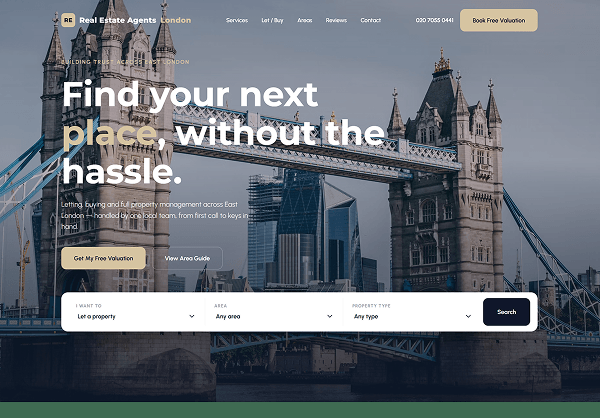 London real estate agent website – AI design converted to WordPress